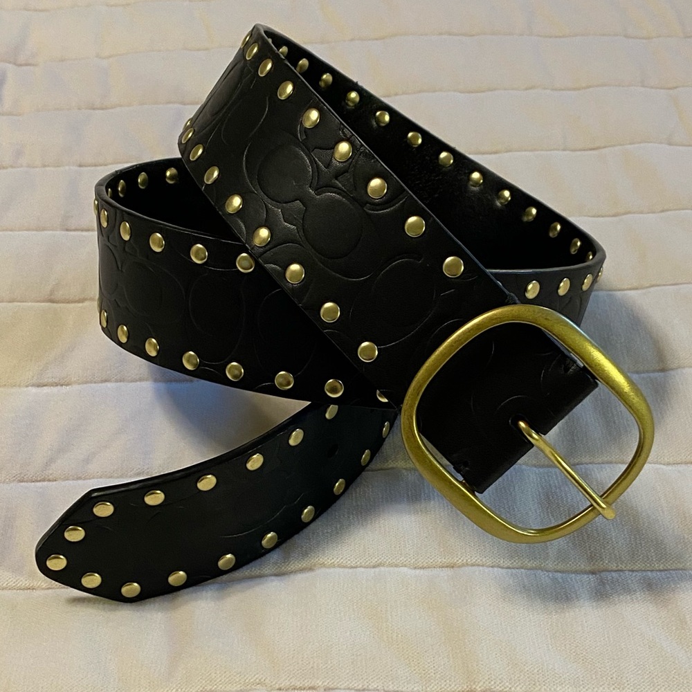 Coach “C” Logo Black Embossed Leather Belt Brass Studs and Buckle - Sz Medium